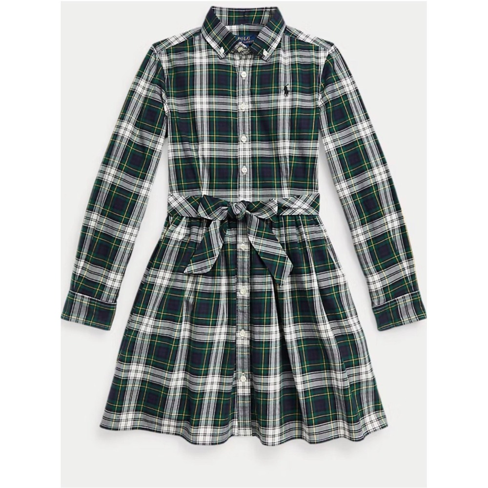 Polo Ralph Lauren girls' plaid cotton twill shirtdress with a tie-waist belt